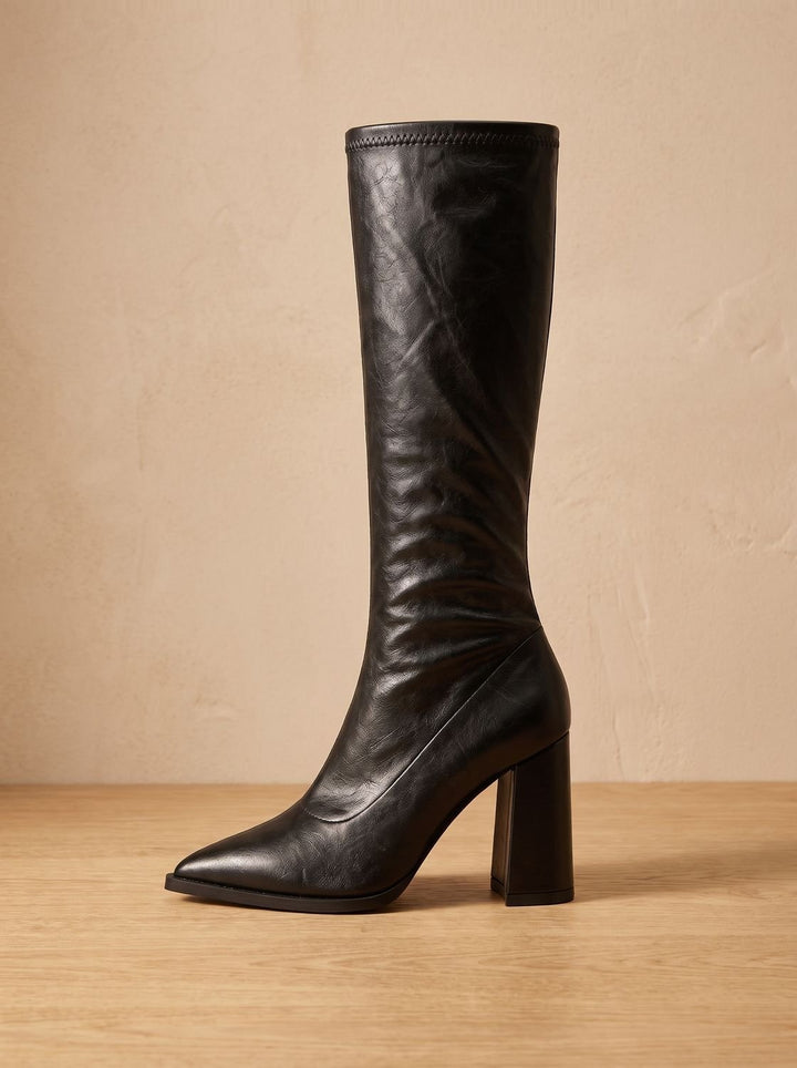Women's Pointed-Toe Knee High Boots Chunky Block Heel, Black - Black