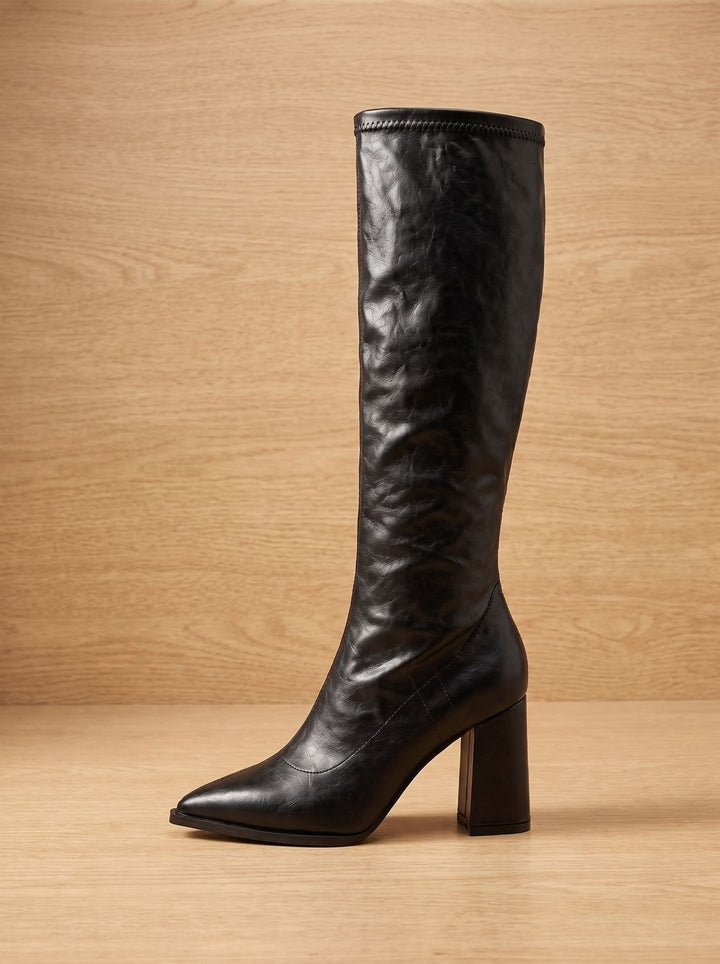 Women's Pointed-Toe Knee High Boots Chunky Block Heel, Black