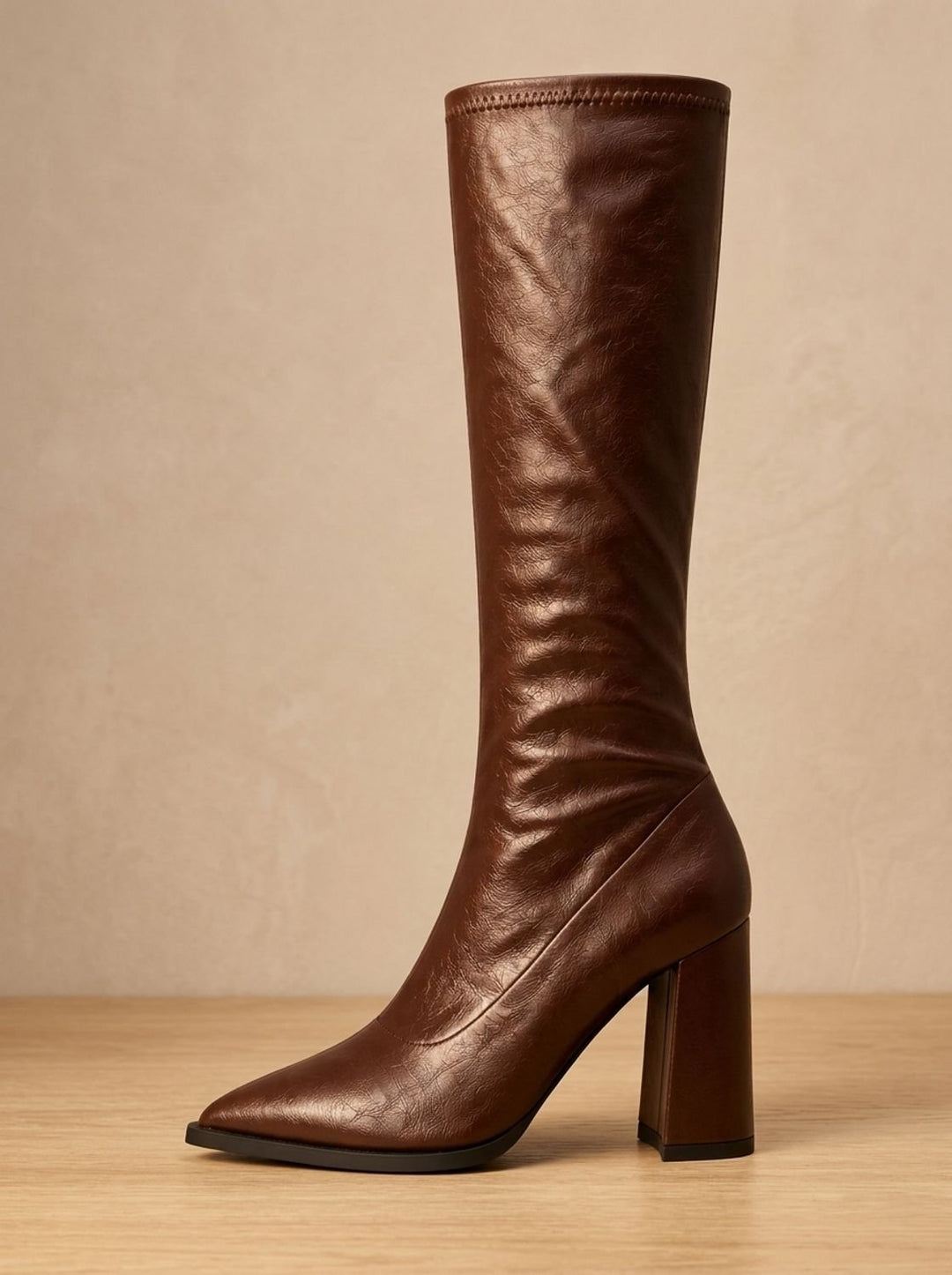 Women's Pointed-Toe Knee High Boots Chunky Block Heel, Black - Brown