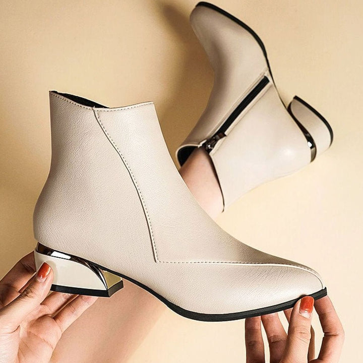 Women's Pointed-Toe Low Block-Heel Side-Zip Ankle Boots - Cream White