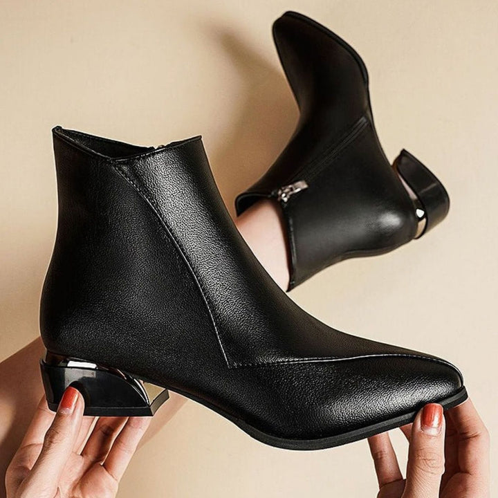 Women's Pointed-Toe Low Block-Heel Side-Zip Ankle Boots - Midnight Black