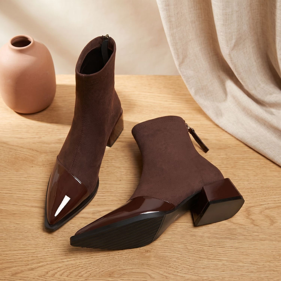 Women's Pointed-Toe Patent Detail Block Heel Ankle Boots - Brown