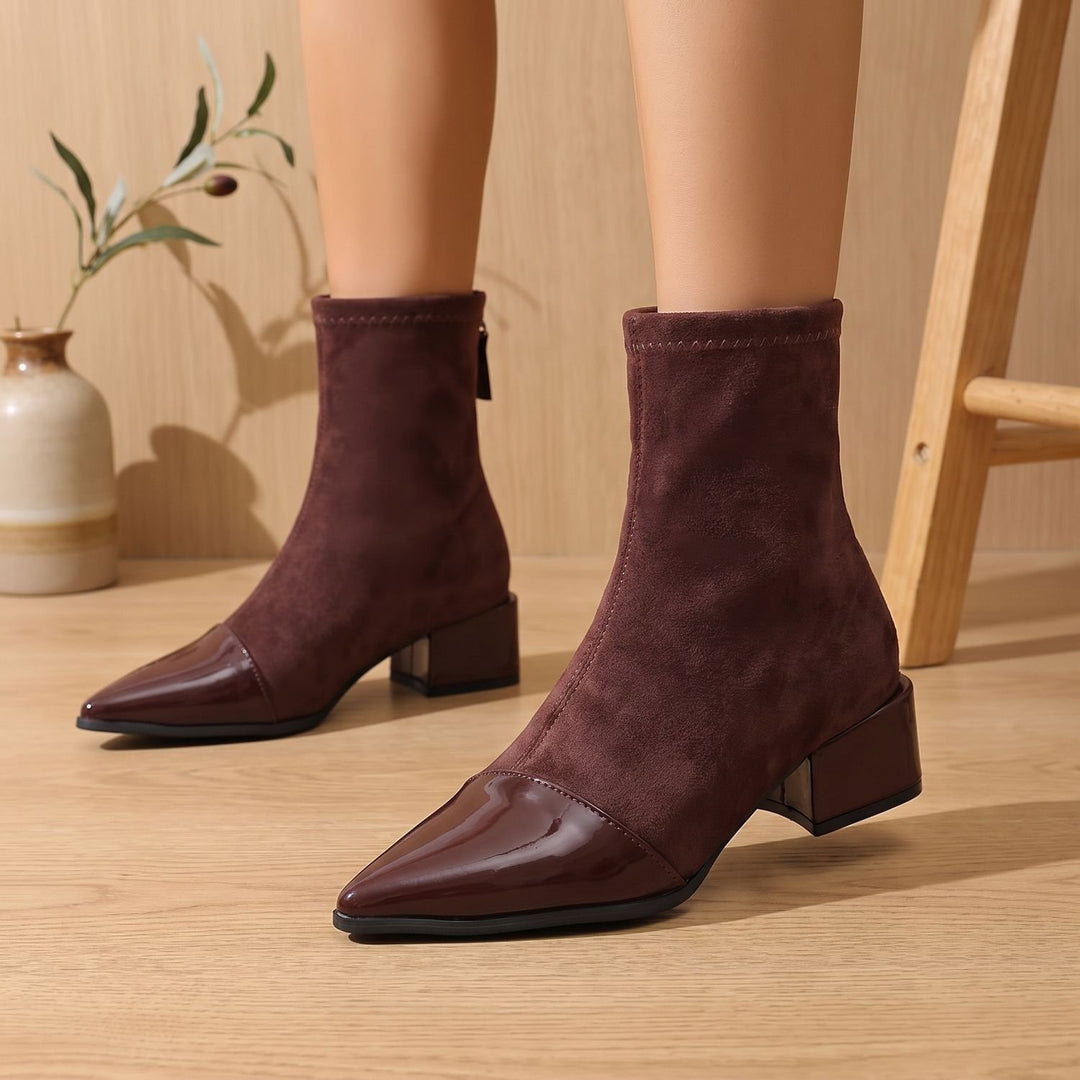 Women's Pointed-Toe Patent Detail Block Heel Ankle Boots