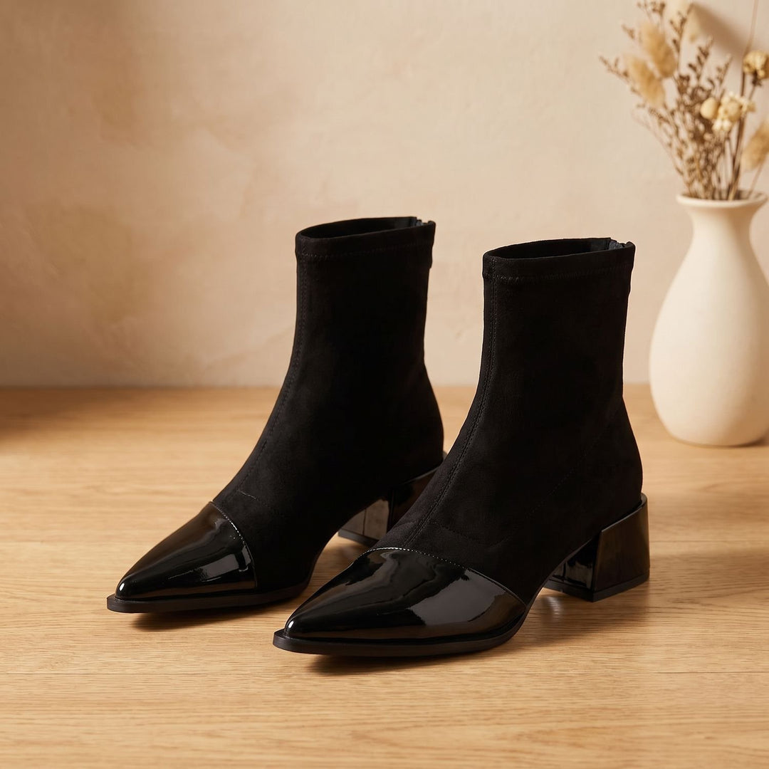 Women's Pointed-Toe Patent Detail Block Heel Ankle Boots - Black