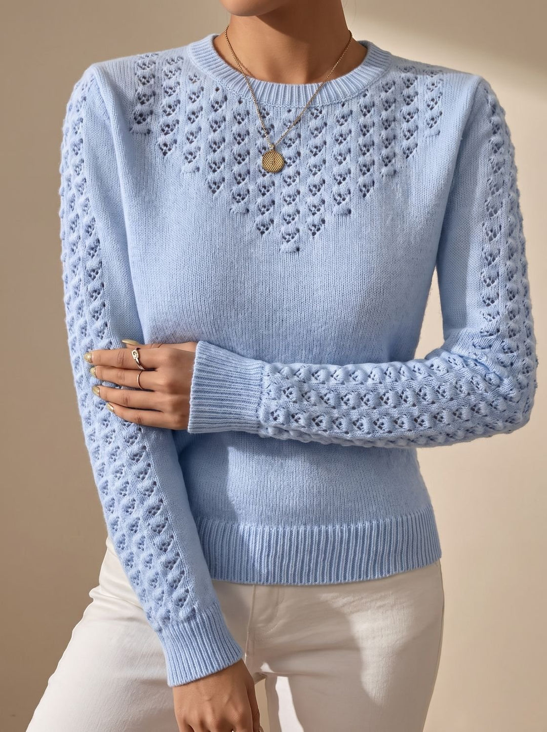 Women's Pointelle-Knit Cropped Long-Sleeve Crew Neck Sweater - Light Blue