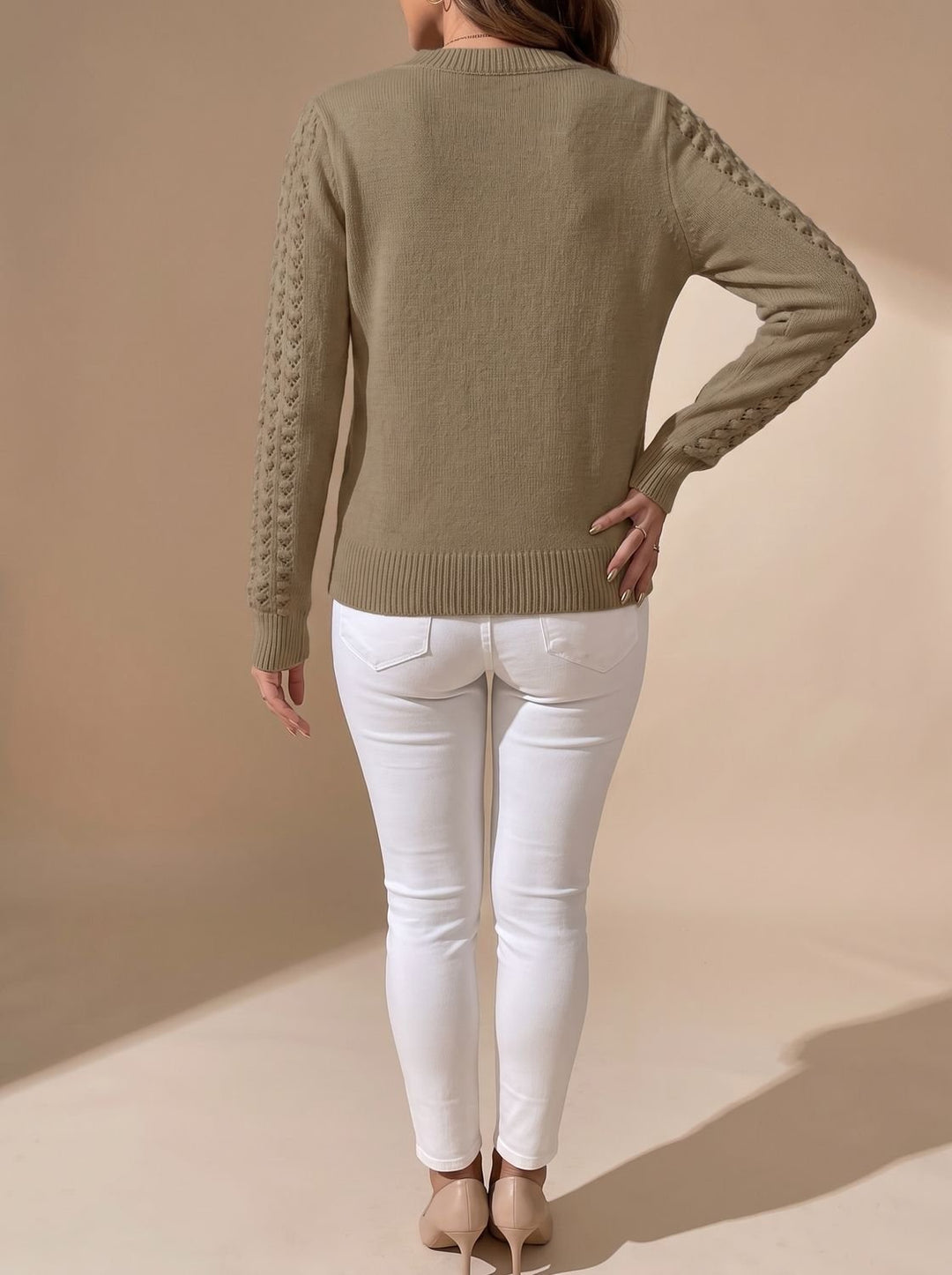 Women's Pointelle-Knit Cropped Long-Sleeve Crew Neck Sweater