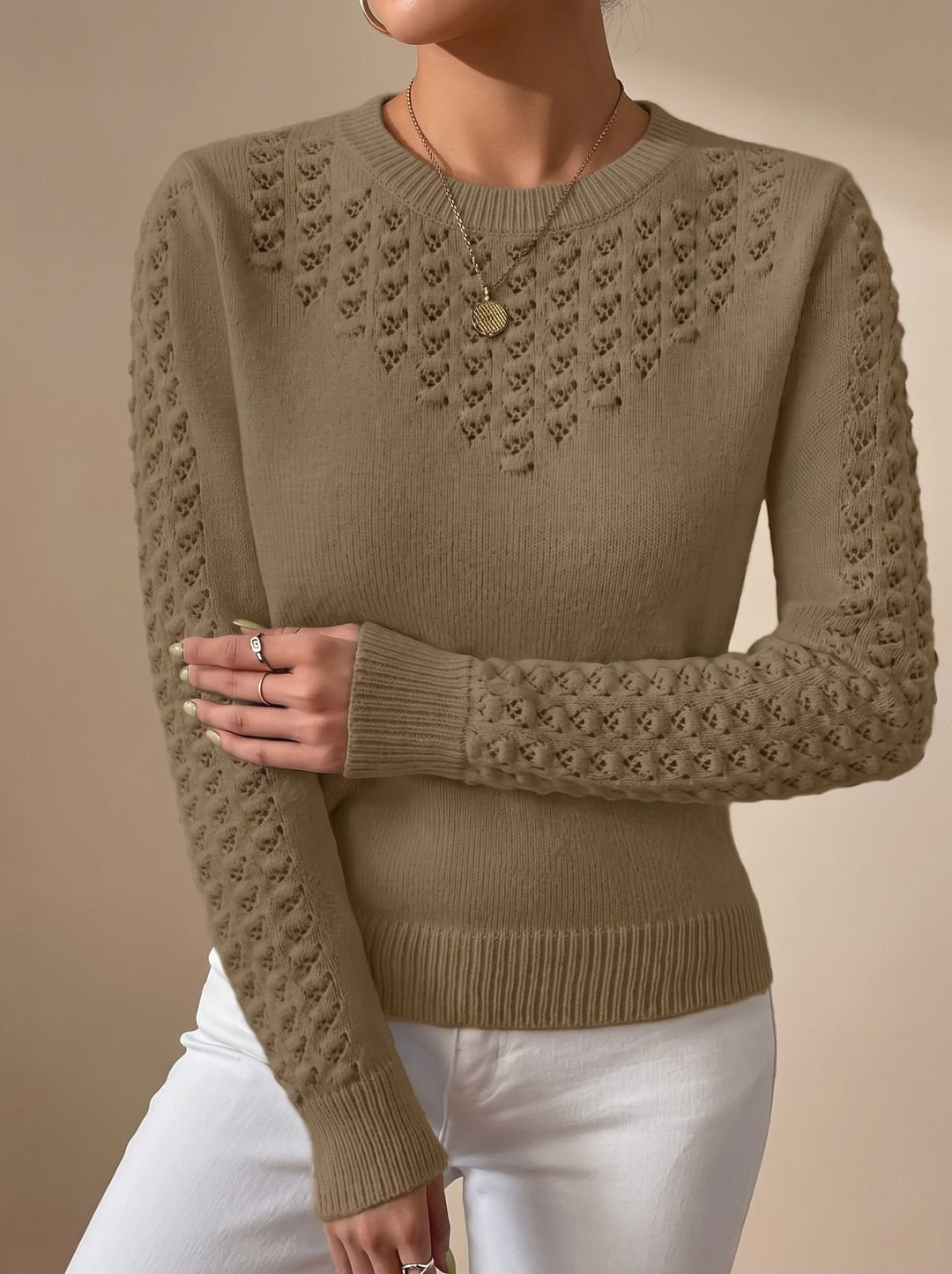 Women's Pointelle-Knit Cropped Long-Sleeve Crew Neck Sweater - Brown