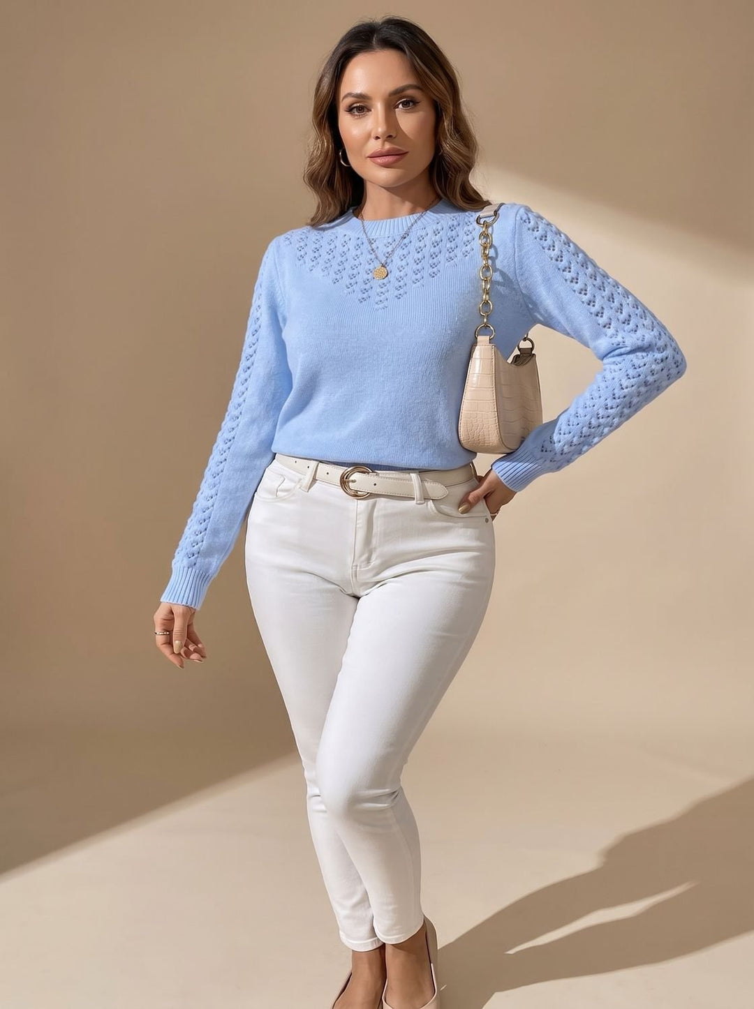Women's Pointelle-Knit Cropped Long-Sleeve Crew Neck Sweater