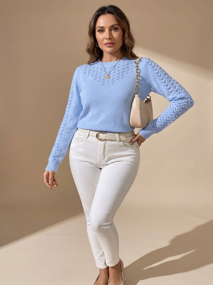Women's Pointelle-Knit Cropped Long-Sleeve Crew Neck Sweater