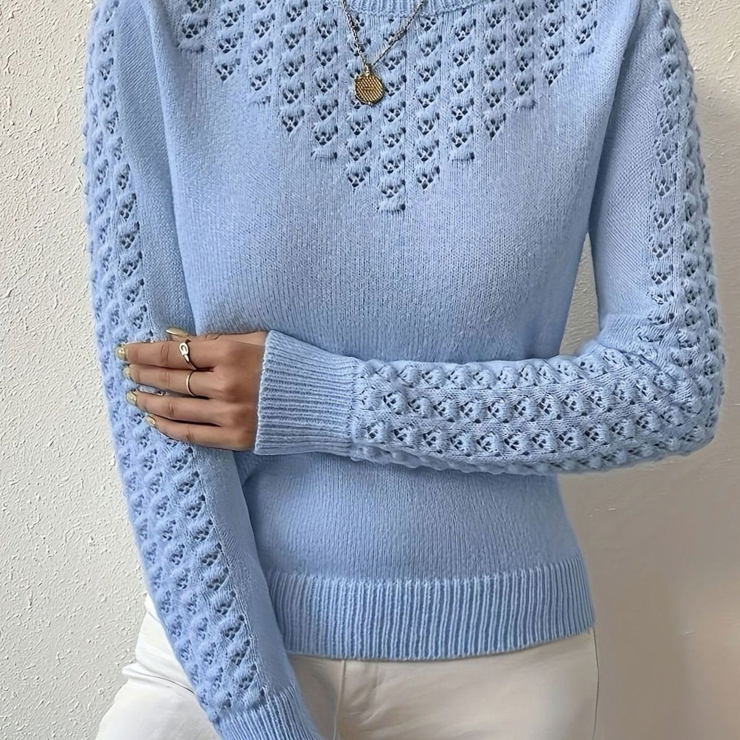 Women's Pointelle-Knit Round Neck Long Sleeve Sweater - Light Blue