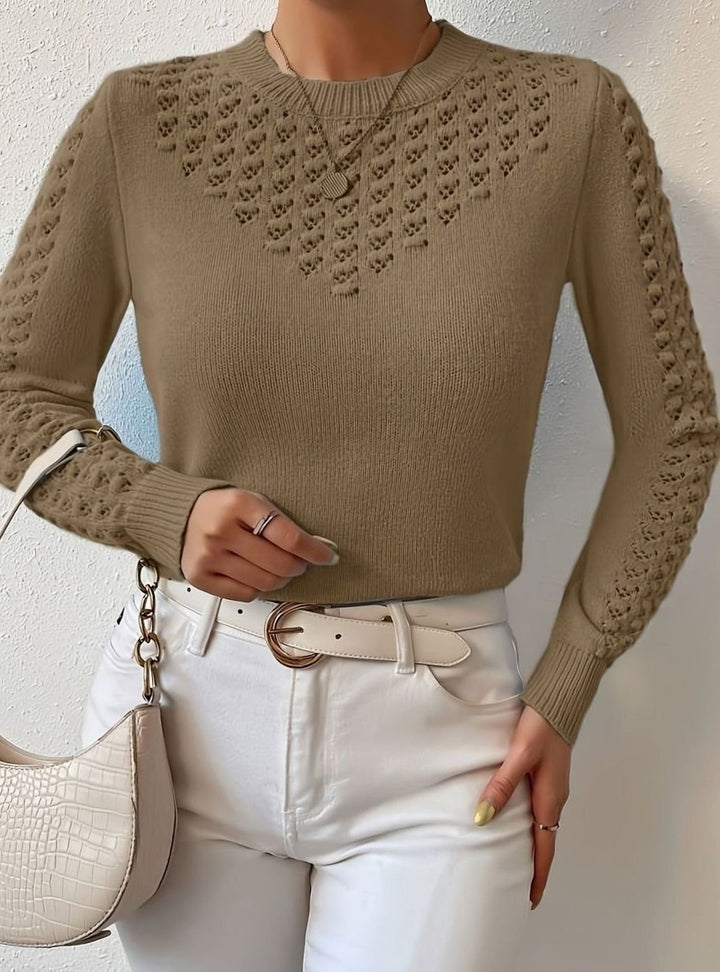 Women's Pointelle-Knit Round Neck Long Sleeve Sweater