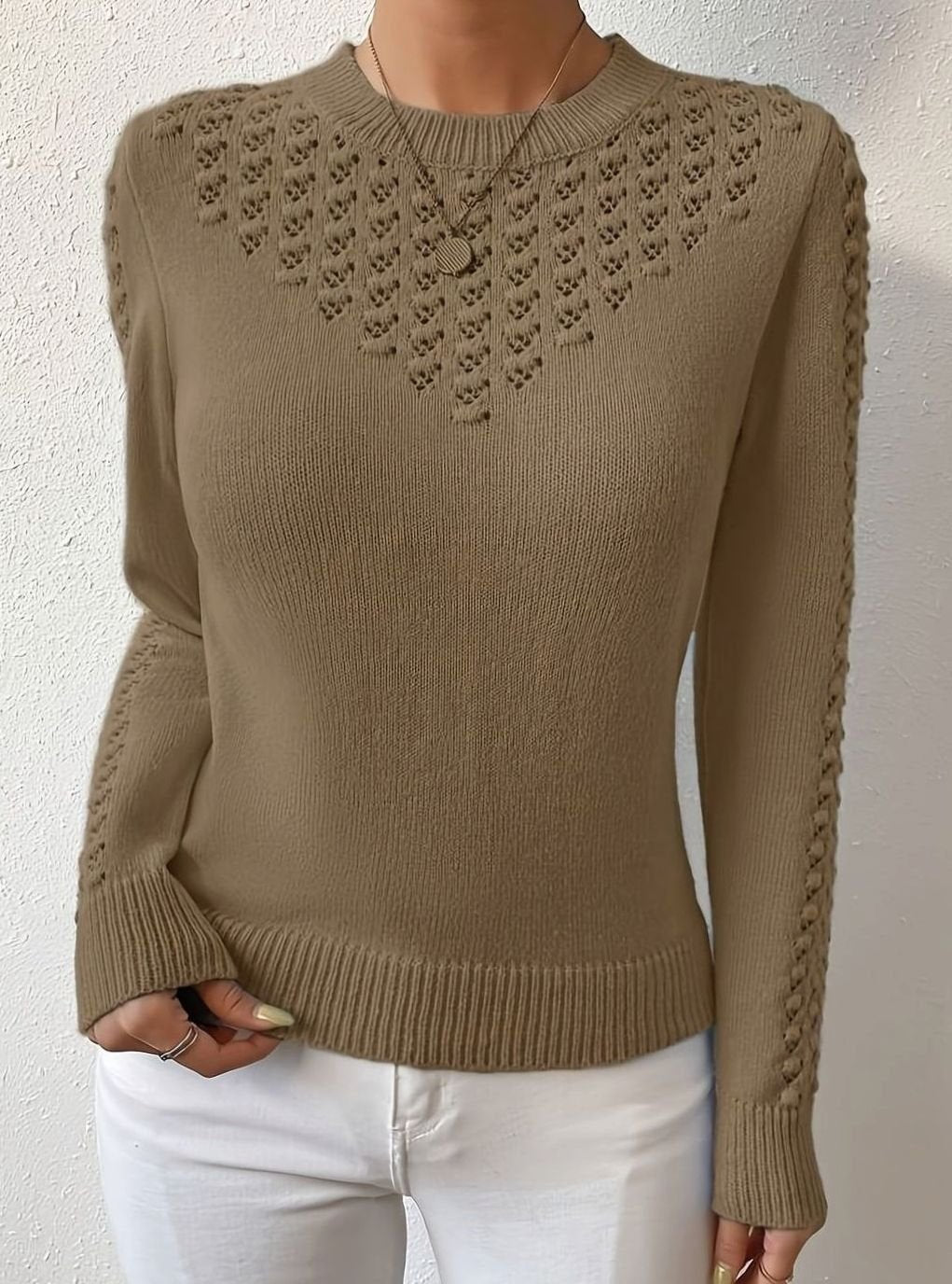 Women's Pointelle-Knit Round Neck Long Sleeve Sweater