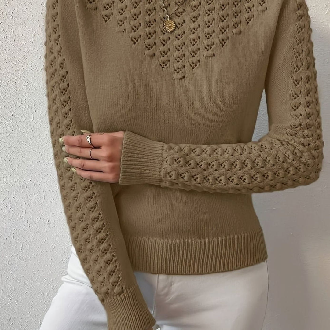 Women's Pointelle-Knit Round Neck Long Sleeve Sweater - Brown