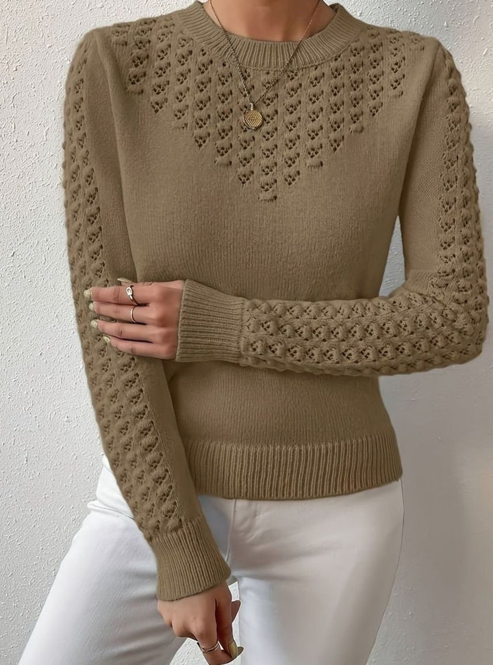 Women's Pointelle-Knit Round Neck Long Sleeve Sweater