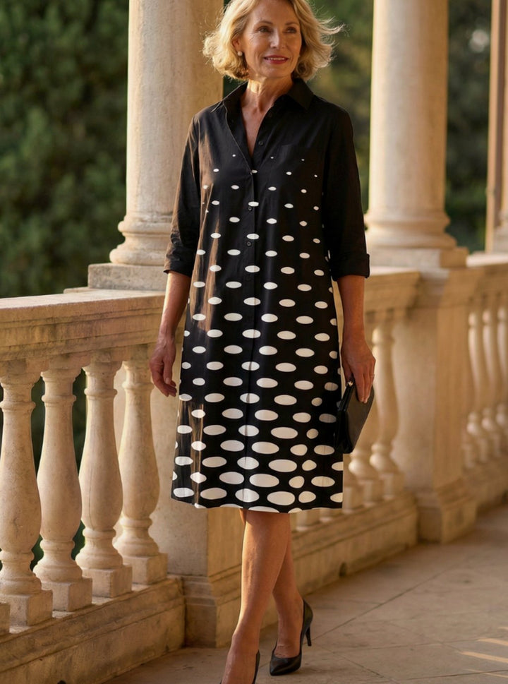 Women's Polka Dot Collared Knee-Length Shirtdress - Black