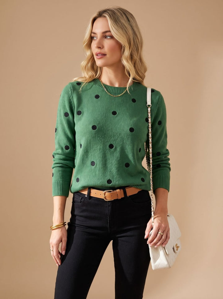 Women's Polka Dot Crewneck Knitwear Ribbed-Trim Sweater - Green