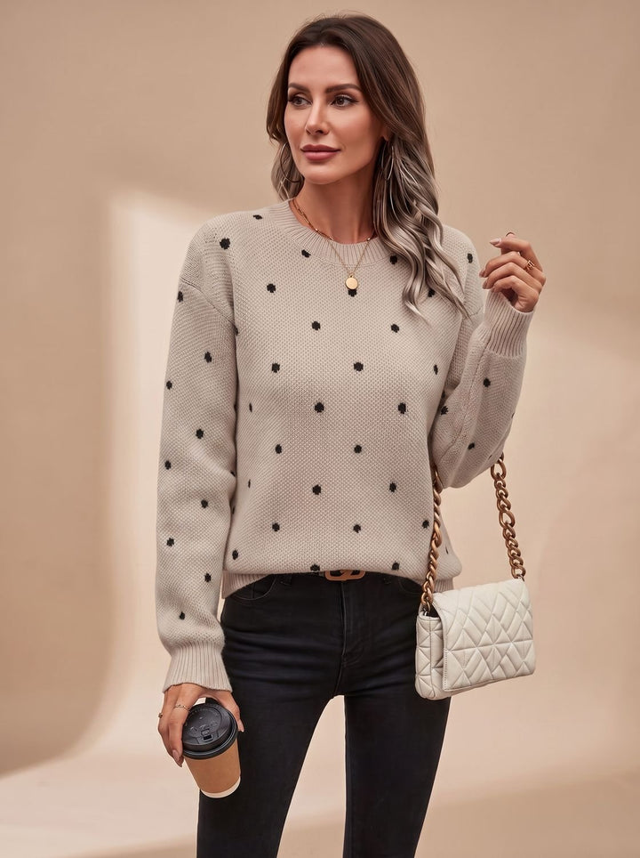 Women's Polka Dot Crewneck Knitwear Ribbed-Trim Sweater