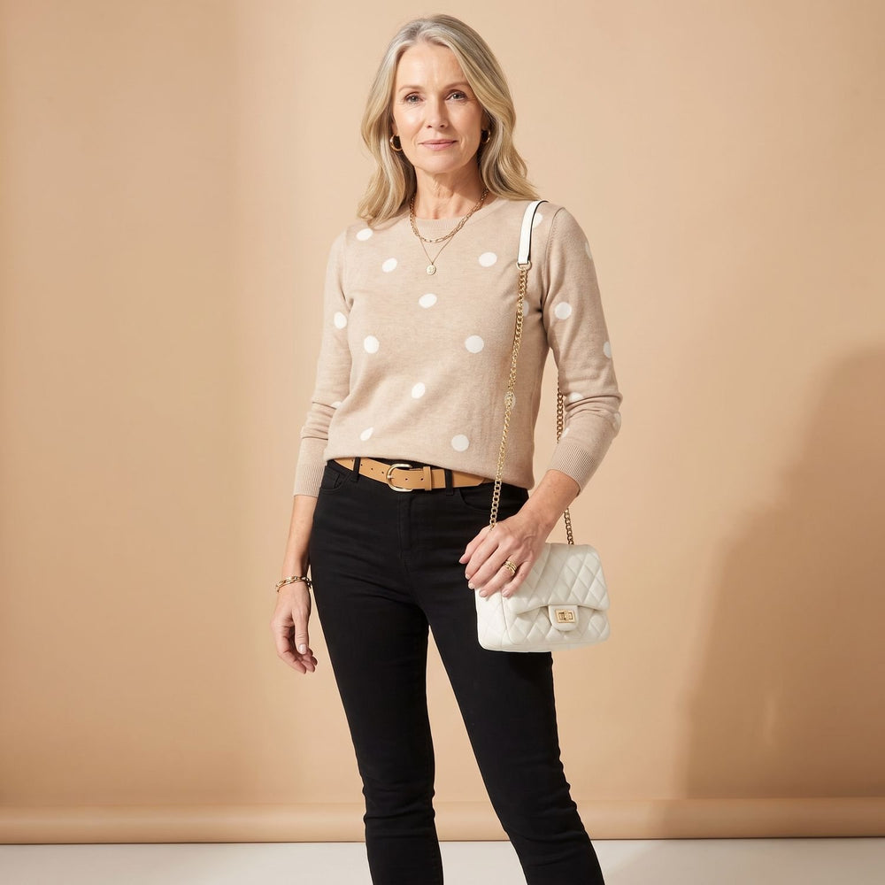 Women's Polka Dot Knit Pullover Sweater Relaxed Crewneck - Khaki