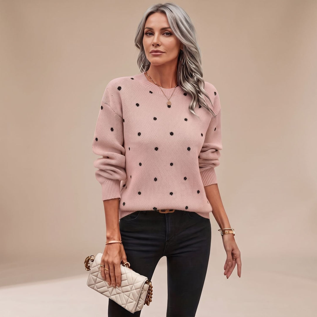 Women's Polka Dot Knit Pullover Sweater Relaxed Crewneck - Pink