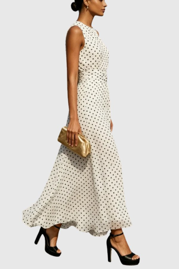 Women's Polka Dot Sleeveless Ruffle Hem Maxi Evening Gown
