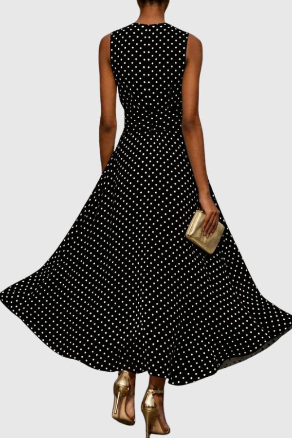 Women's Polka Dot Sleeveless Ruffle Hem Maxi Evening Gown