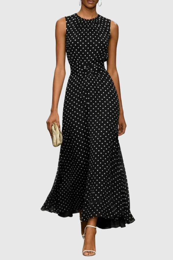 Women's Polka Dot Sleeveless Ruffle Hem Maxi Evening Gown - Black