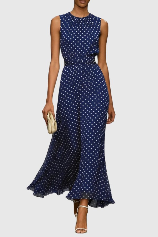 Women's Polka Dot Sleeveless Ruffle Hem Maxi Evening Gown - Blue