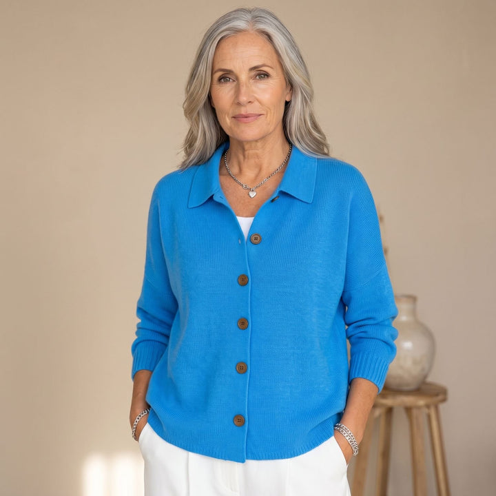 Women's Polo-Collar Button-Front Knit Cardigan - Blue