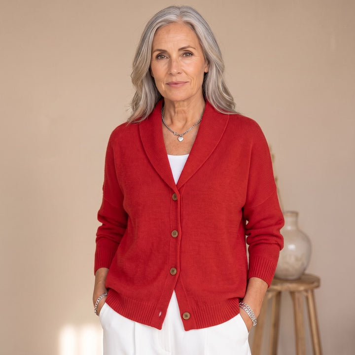 Women's Polo-Collar Button-Front Knit Cardigan - Red