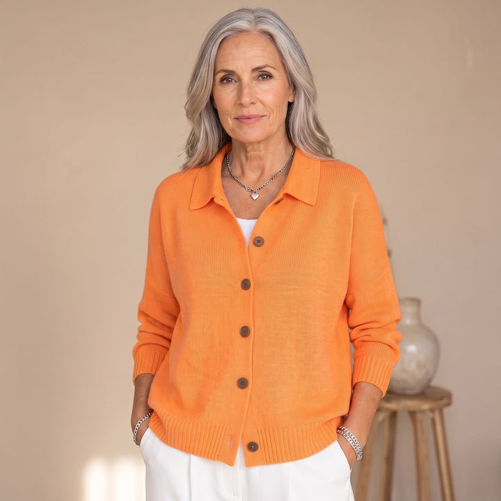Women's Polo-Collar Button-Front Knit Cardigan - Orange