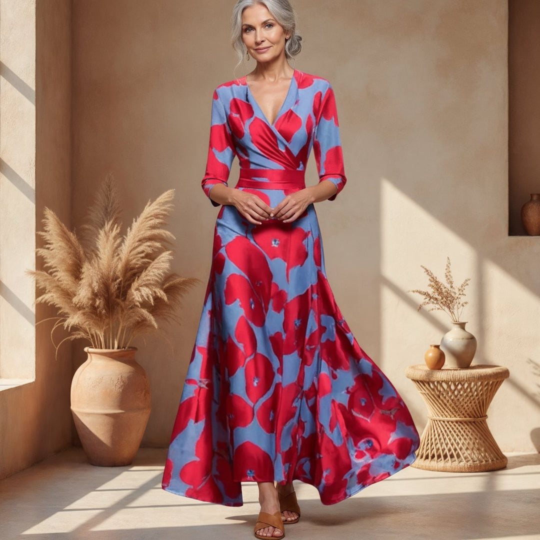 Women's Printed Wrap 3/4 Sleeve Long Sleeve Dress Flowy Polyester
