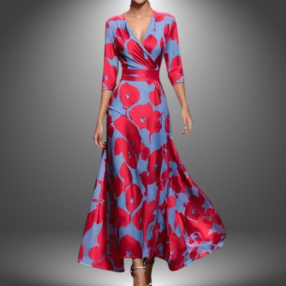 Women's Printed Wrap 3/4 Sleeve Long Sleeve Dress Flowy Polyester - Red