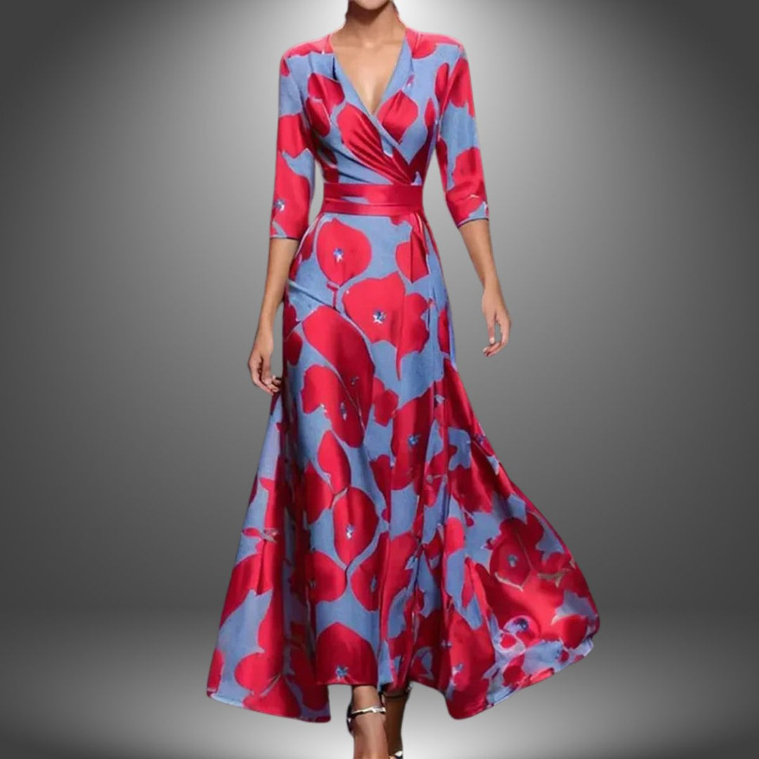 Women's Printed Wrap 3/4 Sleeve Long Sleeve Dress Flowy Polyester - Red