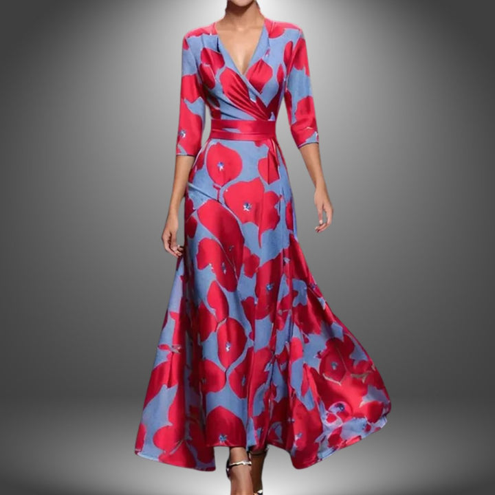 Women's Printed Wrap 3/4 Sleeve Long Sleeve Dress Flowy Polyester - Red