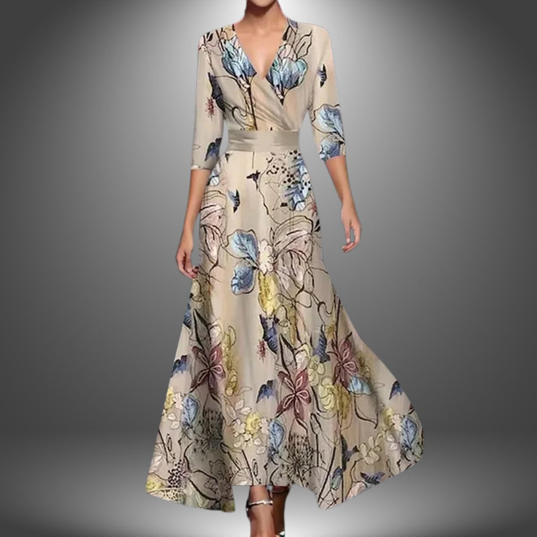Women's Printed Wrap 3/4 Sleeve Long Sleeve Dress Flowy Polyester - Champagne