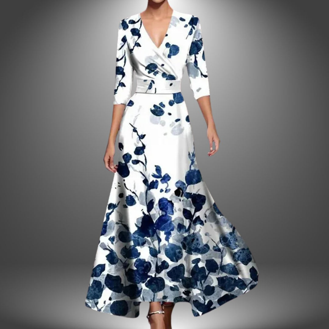 Women's Printed Wrap 3/4 Sleeve Long Sleeve Dress Flowy Polyester - White