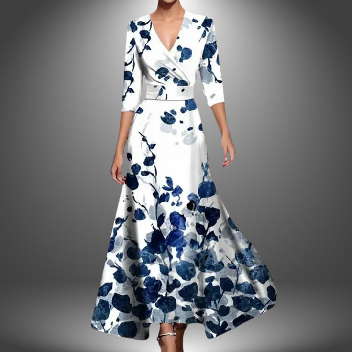 Women's Printed Wrap 3/4 Sleeve Long Sleeve Dress Flowy Polyester - White