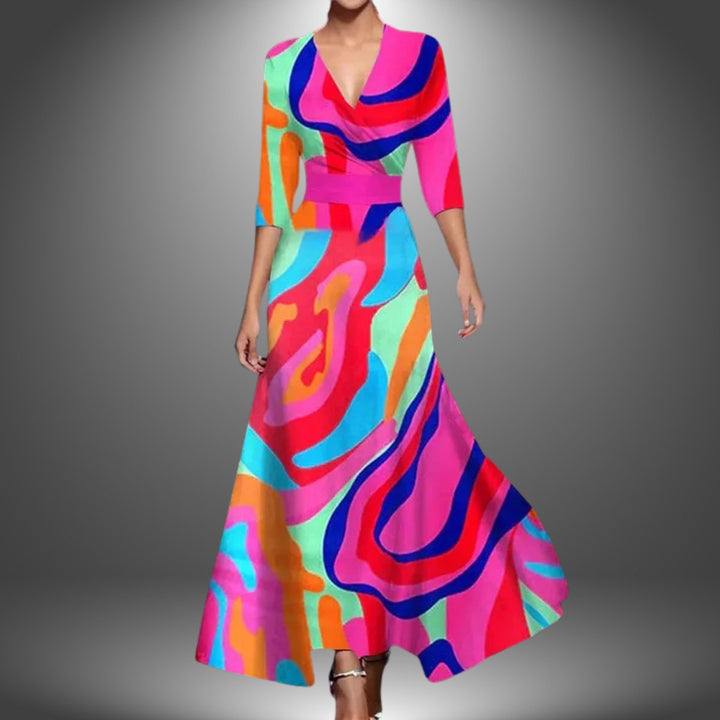 Women's Printed Wrap 3/4 Sleeve Long Sleeve Dress Flowy Polyester - Multicolor