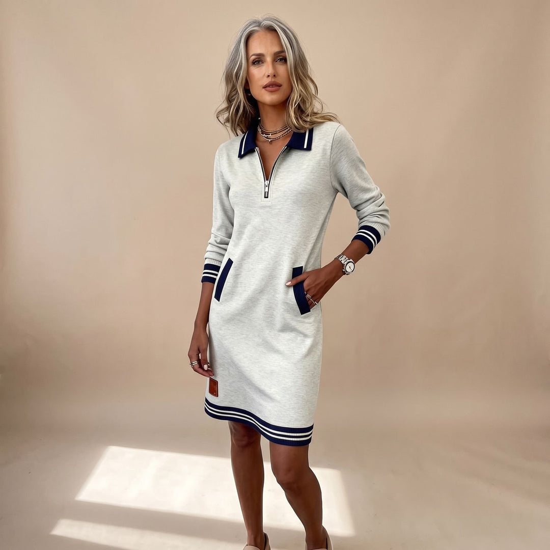 Women's Quarter-Zip Polo Collar Long-Sleeve Sweatshirt Dress - Gray