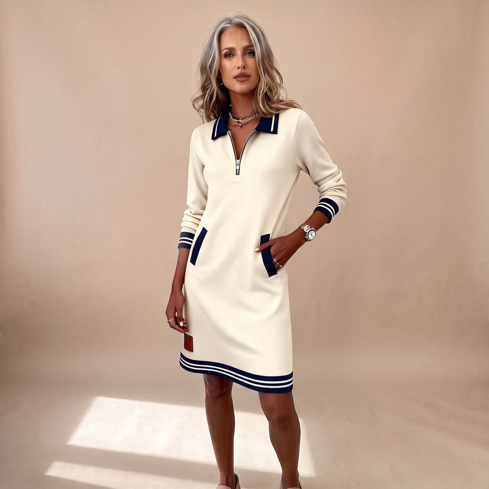 Women's Quarter-Zip Polo Collar Long-Sleeve Sweatshirt Dress - White