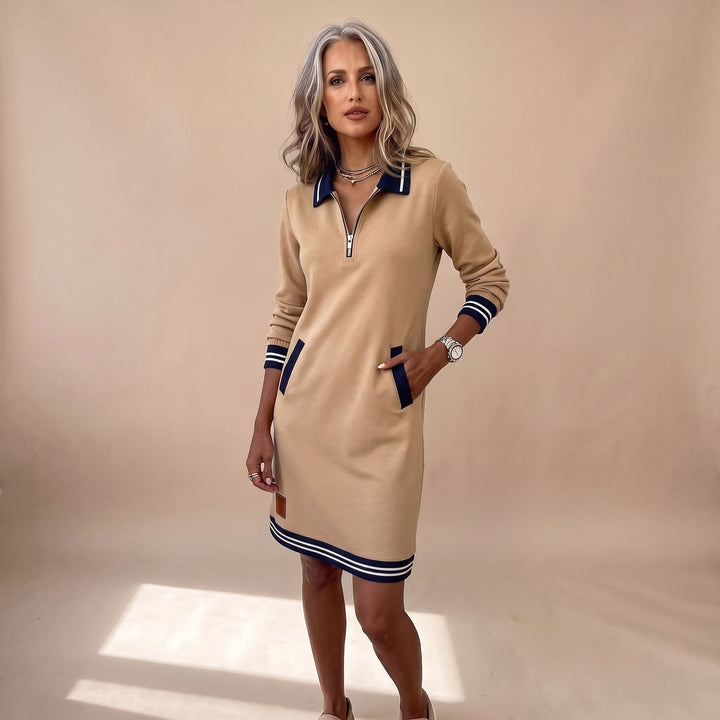 Women's Quarter-Zip Polo Collar Long-Sleeve Sweatshirt Dress - Beige