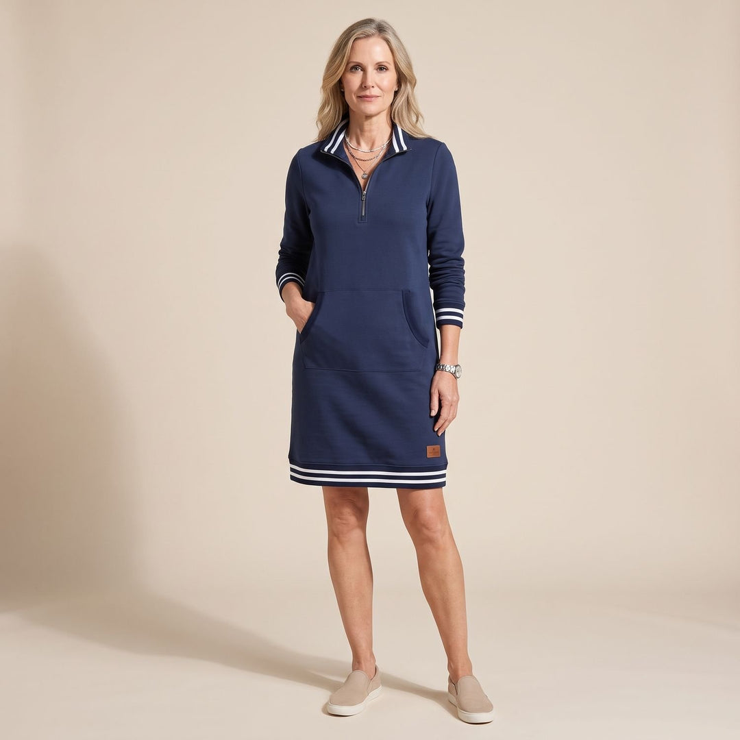 Women's Quarter-Zip Polo Collar Long-Sleeve Sweatshirt Dress - Navy Blue
