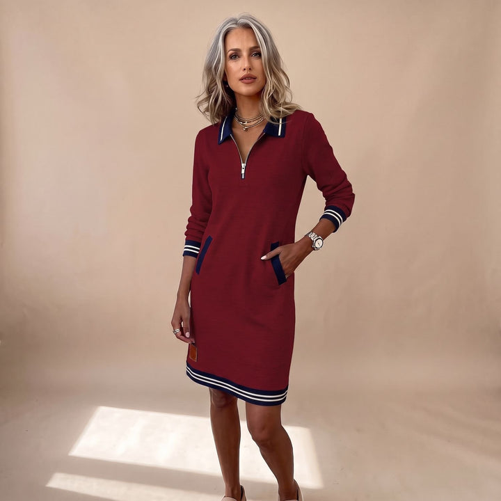Women's Quarter-Zip Polo Collar Long-Sleeve Sweatshirt Dress - Red