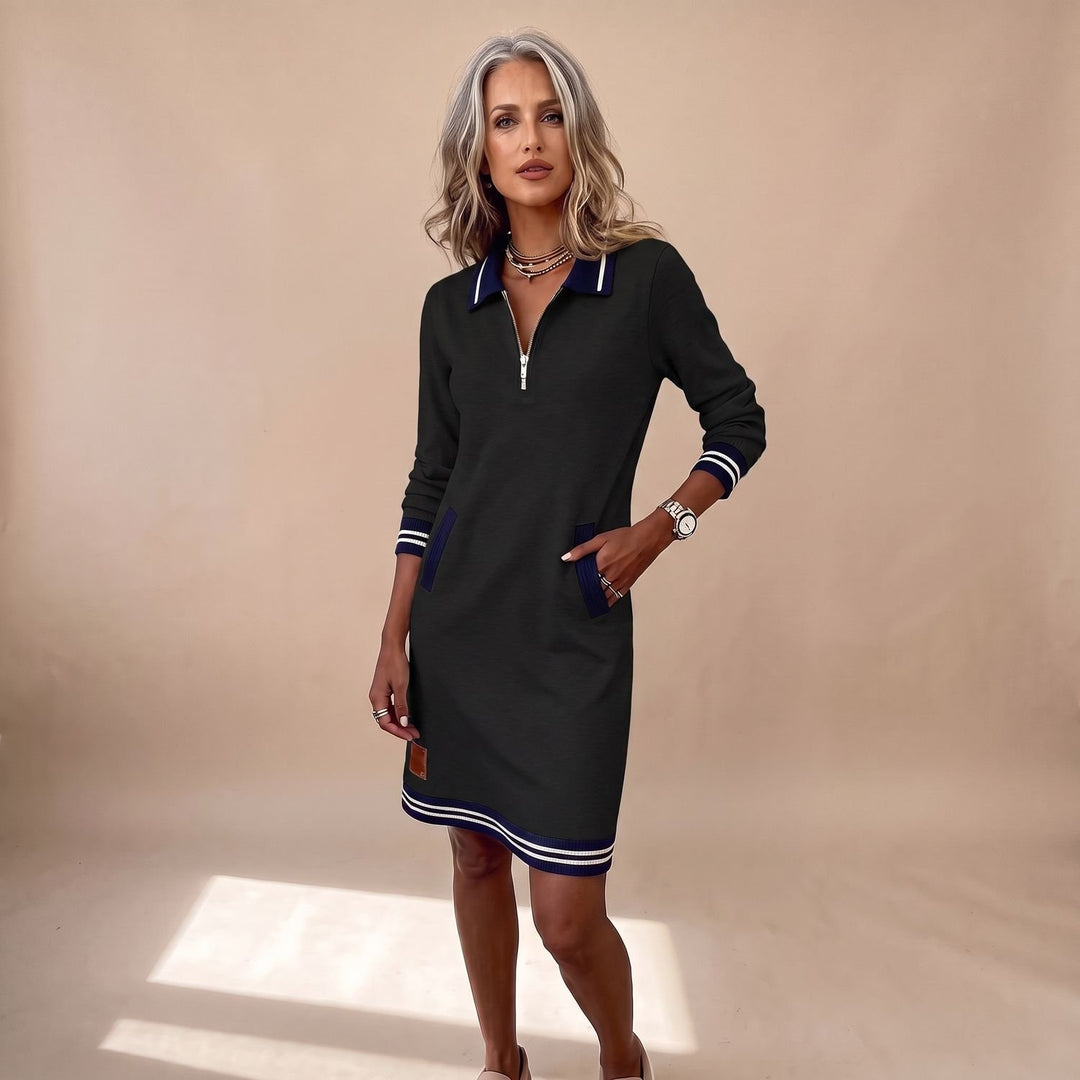 Women's Quarter-Zip Polo Collar Long-Sleeve Sweatshirt Dress - Black