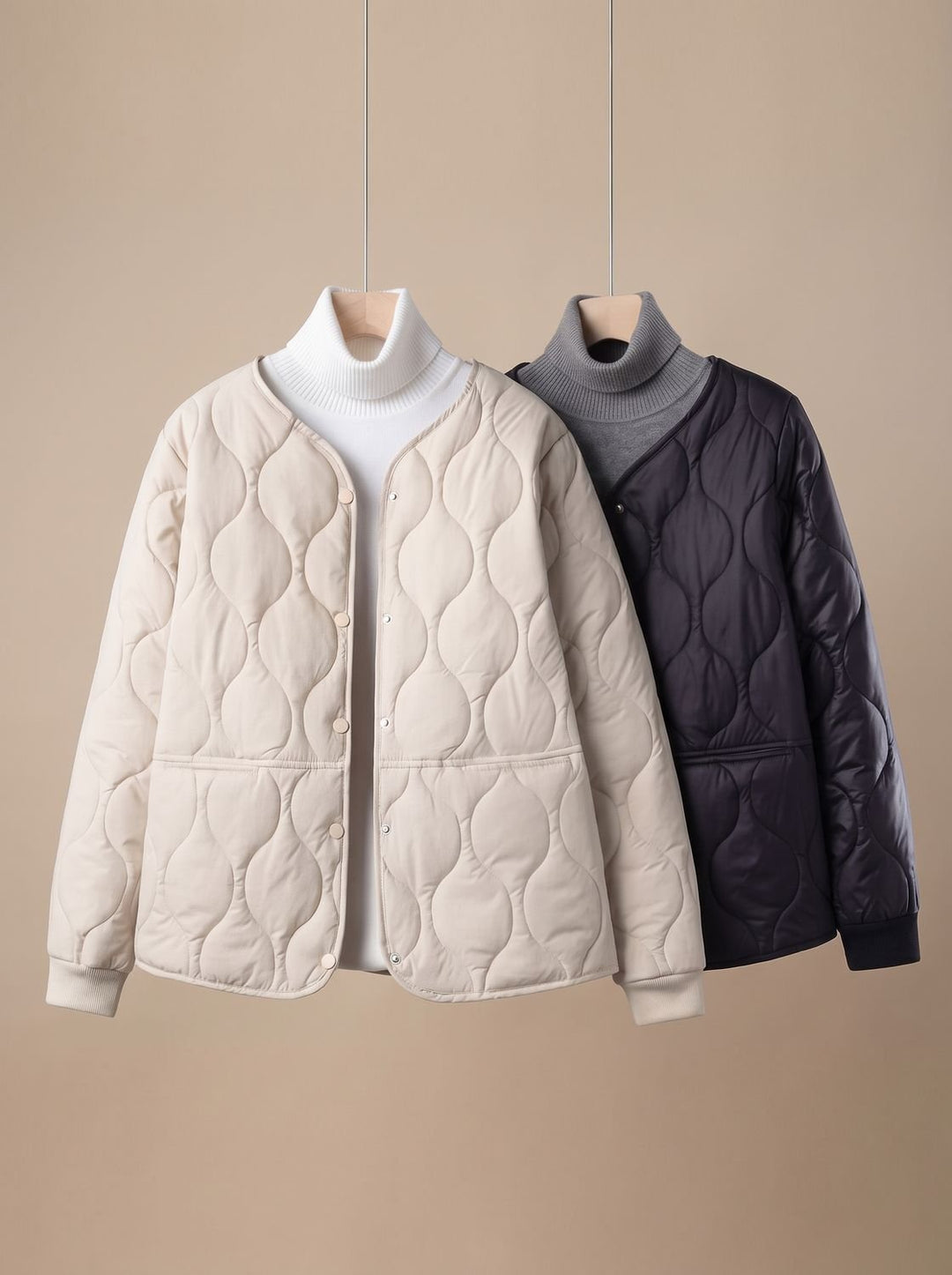 Women's Quilted Cotton-Padded V-Neck Snap-Button Jacket - White