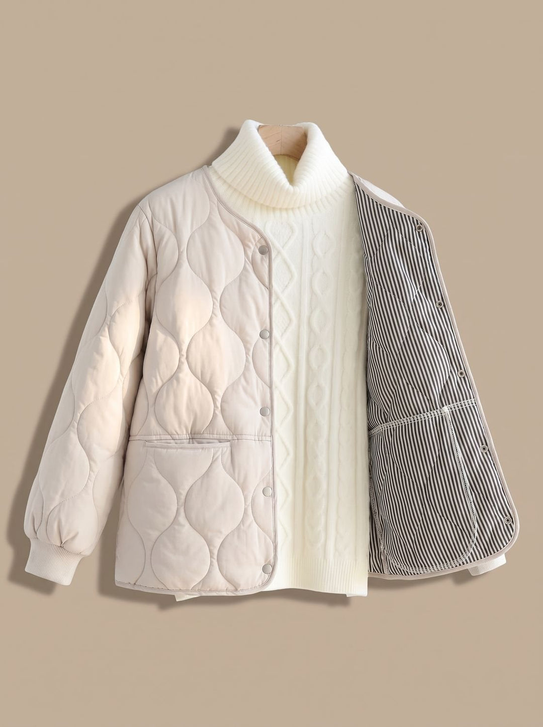 Women's Quilted Cotton-Padded V-Neck Snap-Button Jacket - Black