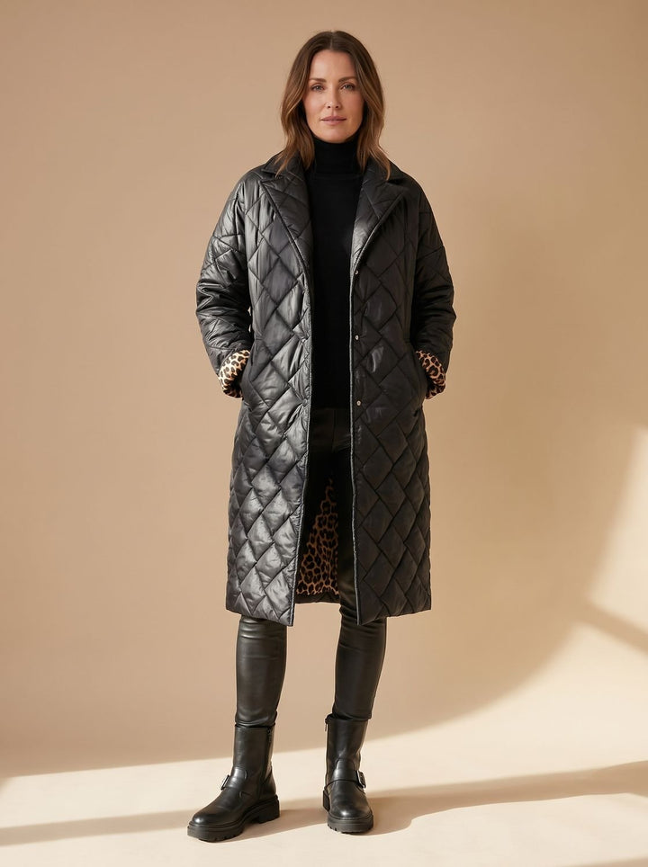 Women's Quilted Diamond-Stitch Mid-Length Winter Coat - Black