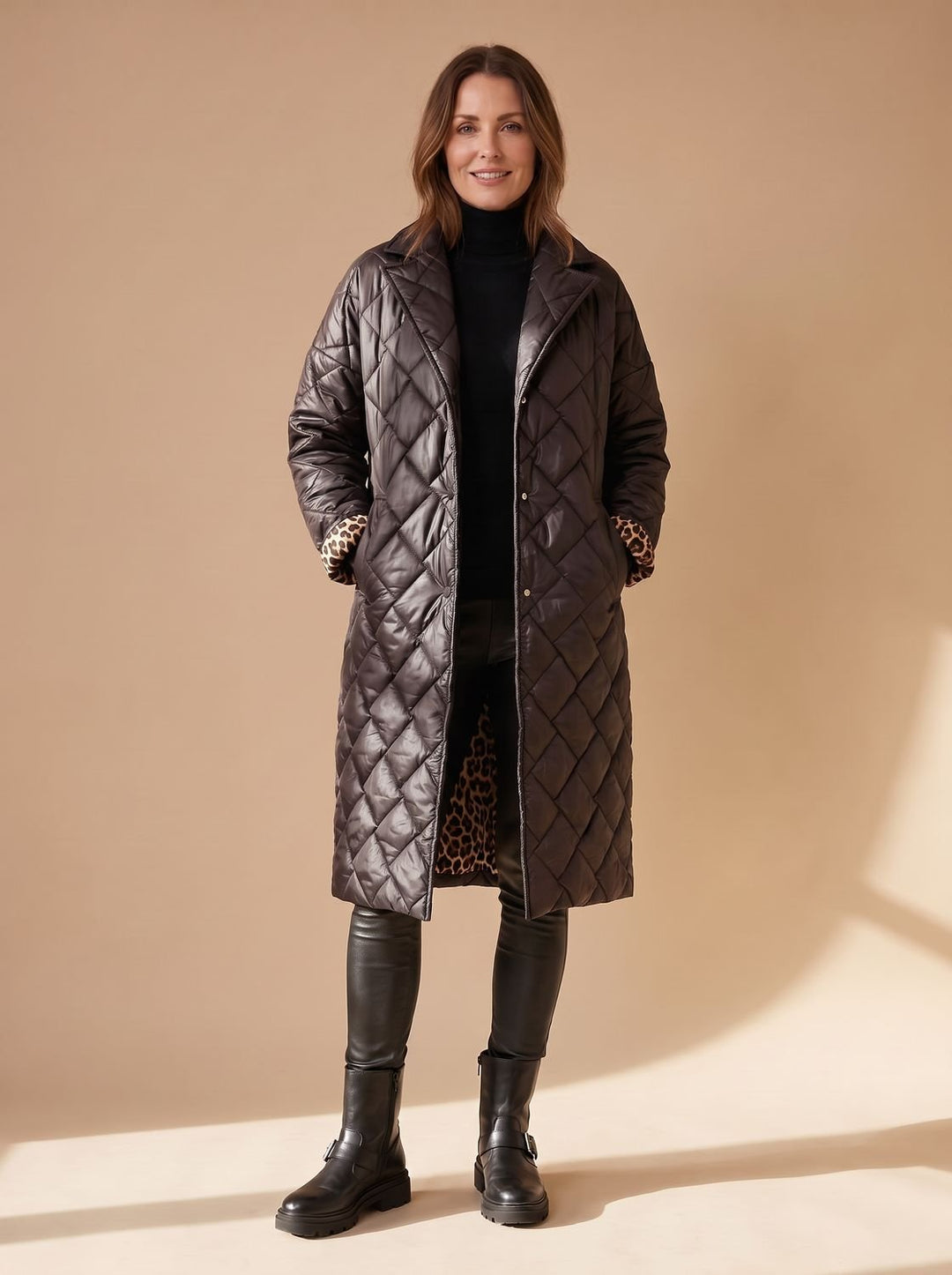 Women's Quilted Diamond-Stitch Mid-Length Winter Coat - Brown