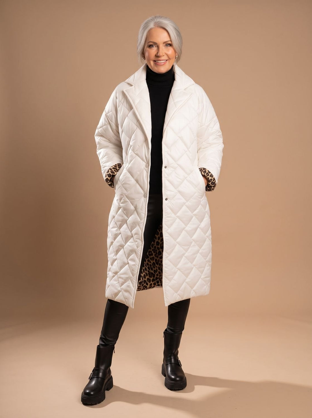 Women's Quilted Diamond-Stitch Mid-Length Winter Coat - White
