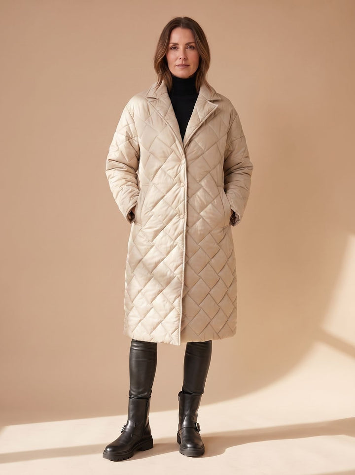 Women's Quilted Diamond-Stitch Mid-Length Winter Coat - Beige